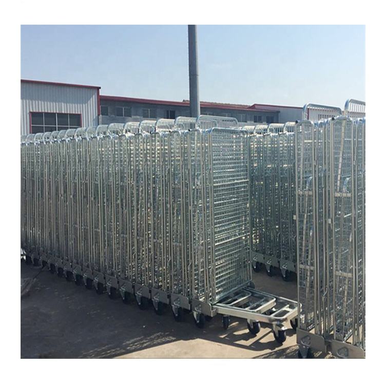Supermarket cargo transport security storage warehouse wheeling wire mesh collapsible cart roll container with wheels