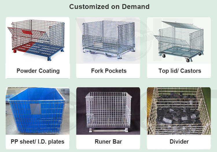 Warehouse storage collapsible bulk wire mesh pallet container with front drop gate