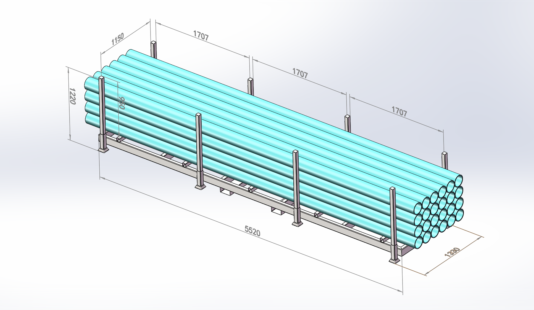 A 3D rendering of the Derack stacking rack loaded with pipes.