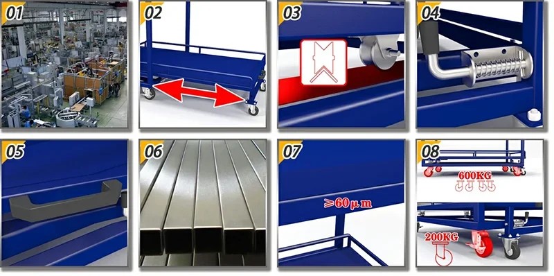 Diagram showing eight key engineering features of a two tier cart