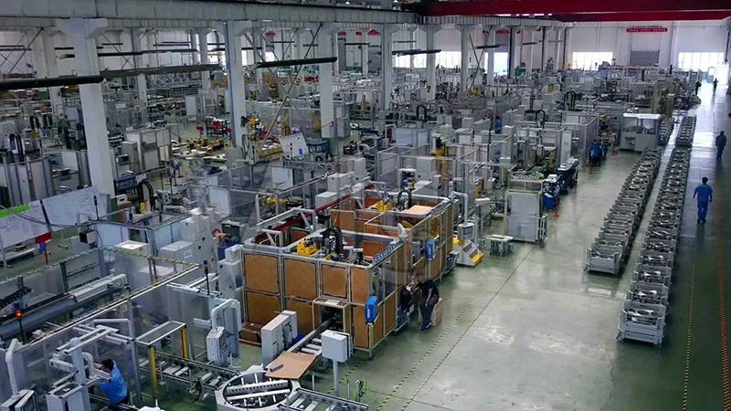 two tier cart on wheels in a modern manufacturing facility