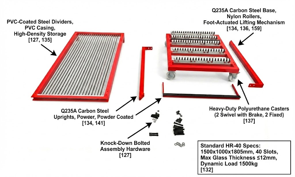 Exploded view of knock down glass harp rack structure
