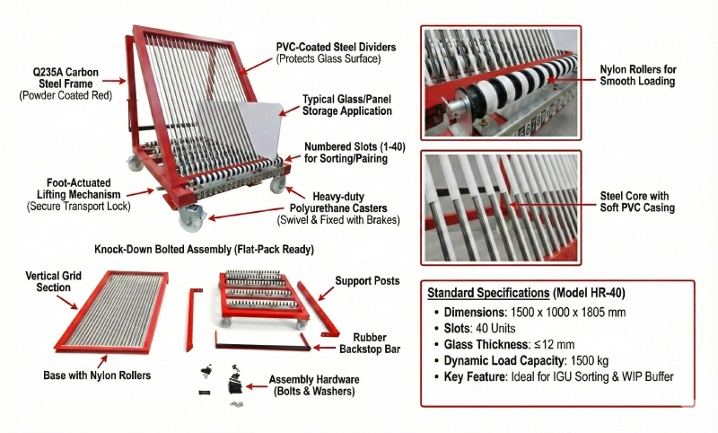 Feature callout showing the foot-actuated locking mechanism for a harp rack glass trolley