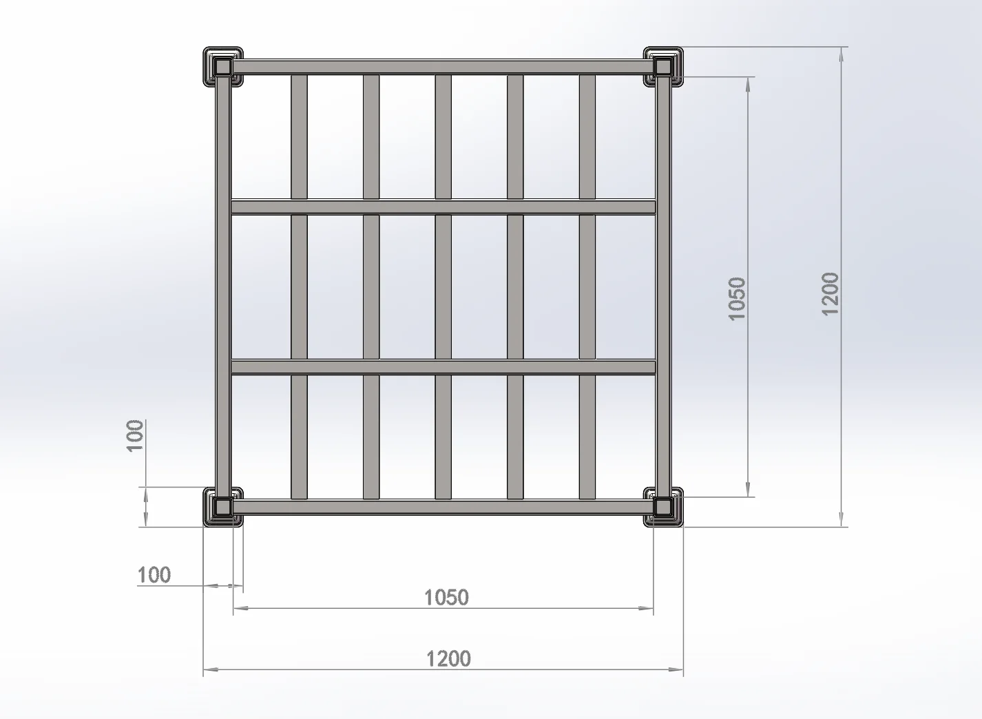 Derack steel stack rack detail showing welded tubular frame and locator clips