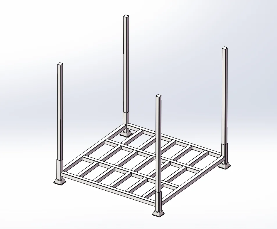 Vista CAD isométrica de la base de un estante apilable de metal con cuatro postes de esquina