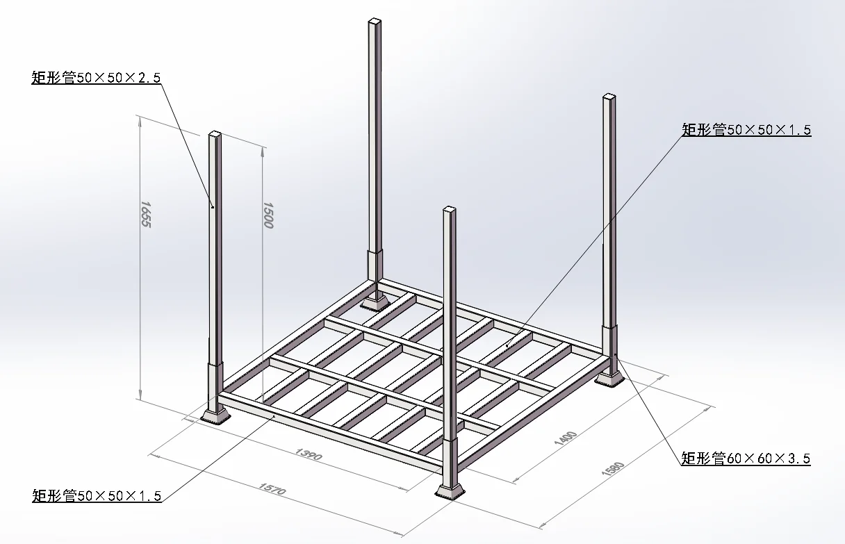 Dibujo isométrico de estante apilable de metal que muestra dimensiones de tubo de 50×50 y 60×60