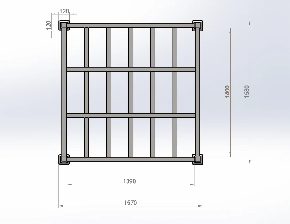 Vista en planta superior de la base de estante apilable de metal con dimensiones de 1,390 y 1,570 mm