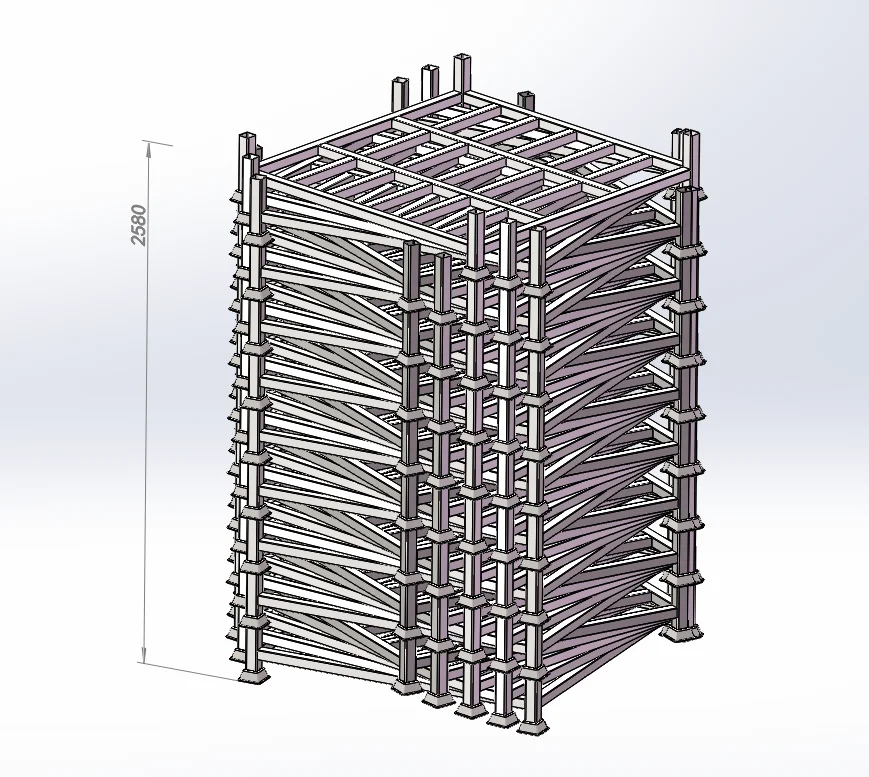 3D-Rendering eines mehrstöckigen stapelbaren Stahlgestellstapels, 2580 mm hoch, mit mehreren Pfosten