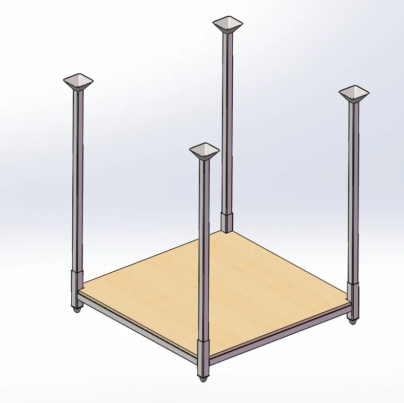 CAD-Rendering eines 4-Pfosten-Stahlgestells mit Holzplattformbasis und konischen Stapelfüßen