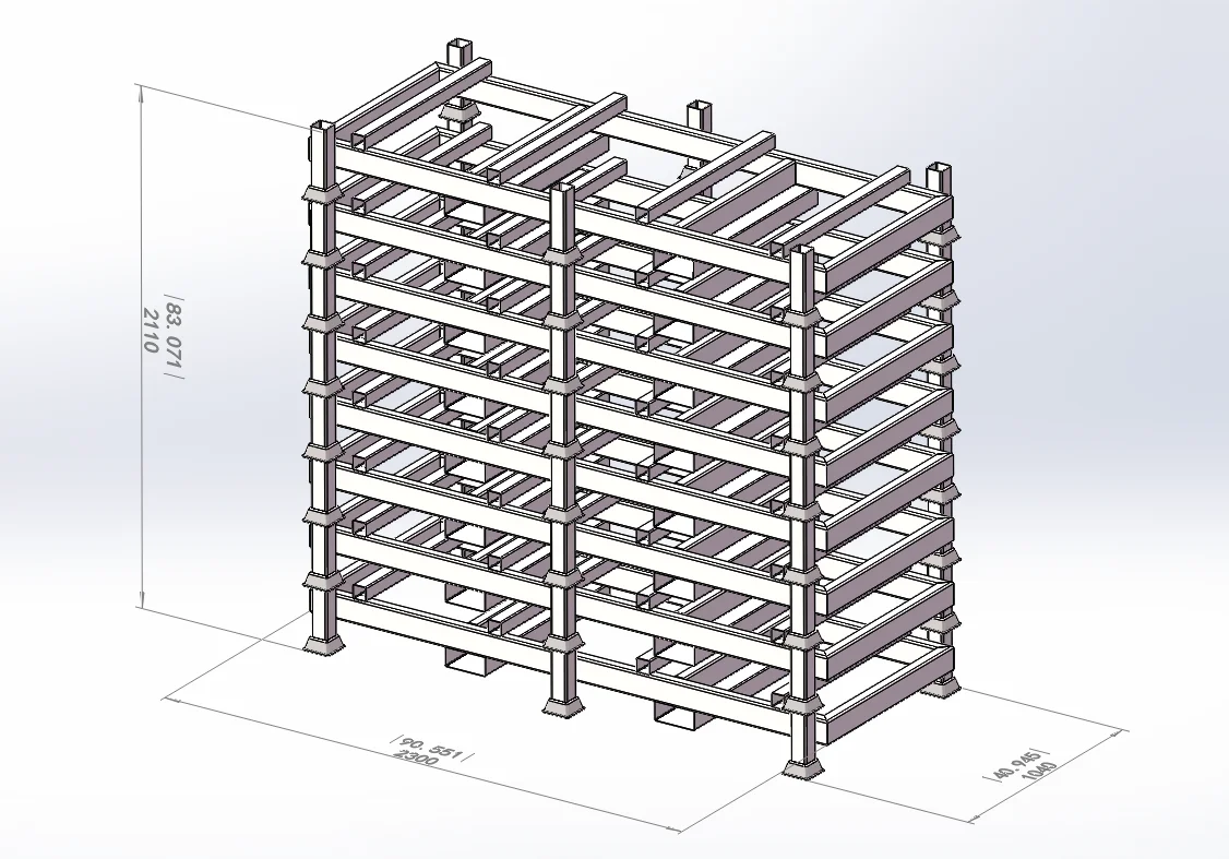 Tall nested stack of portable pallet racks shown in a CAD isometric view