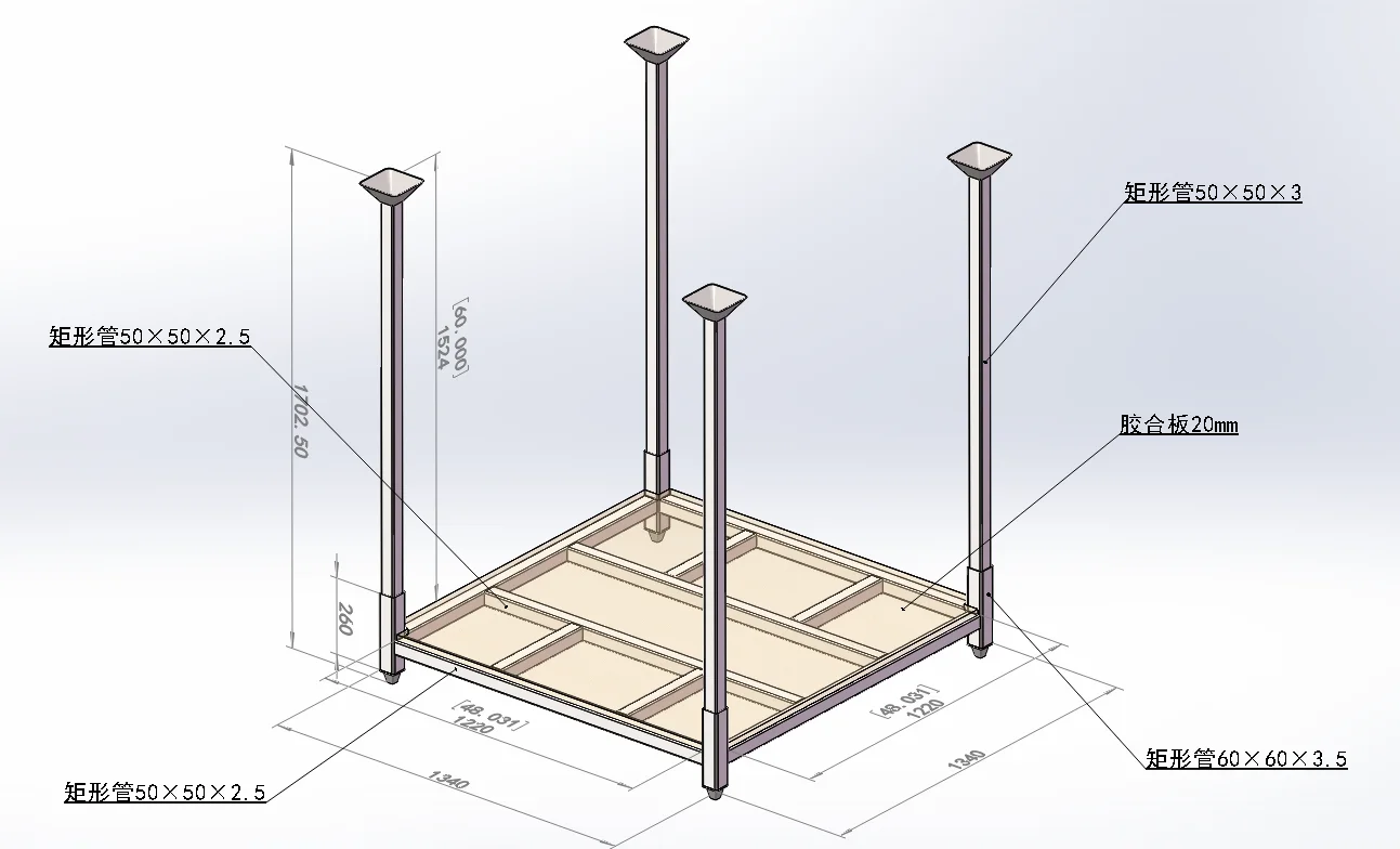 Isometric technical drawing of a stack rack frame with dimension callouts and tube specifications.