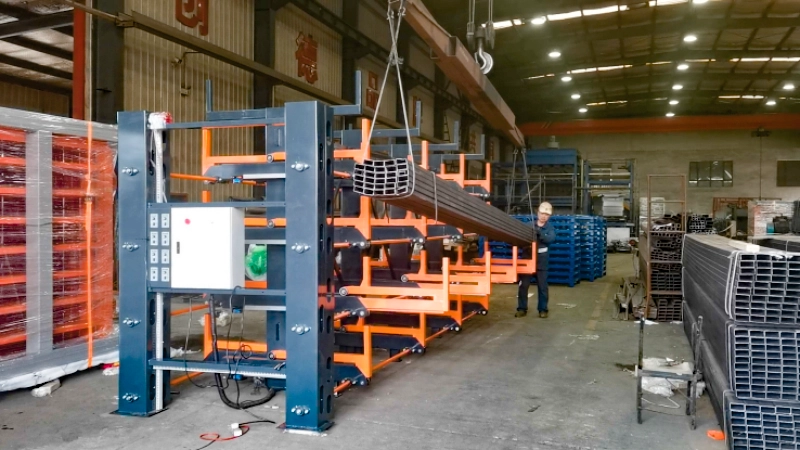 Factory-installed telescopic cantilever rack with carbon steel arms for long steel profile storage