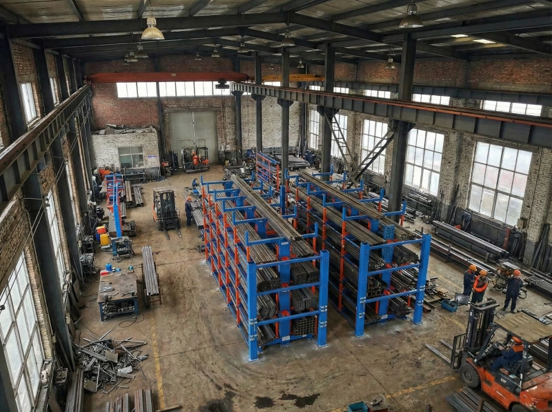 Heavy-duty cantilever rack with adjustable perforated arms for different pipe diameters