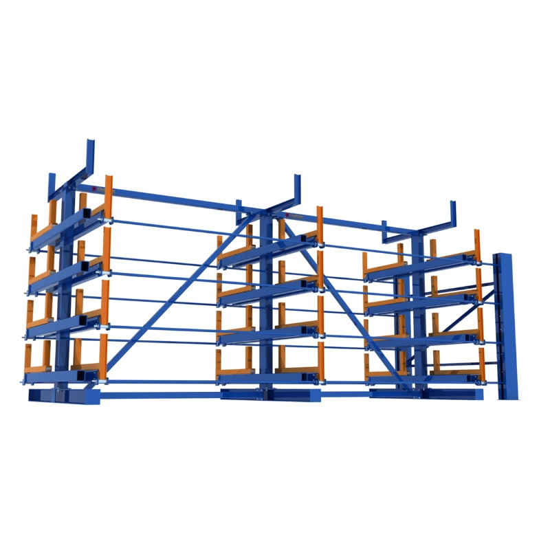 Telescopic cantilever rack upright and roller-guided arm detail for heavy long steel storage