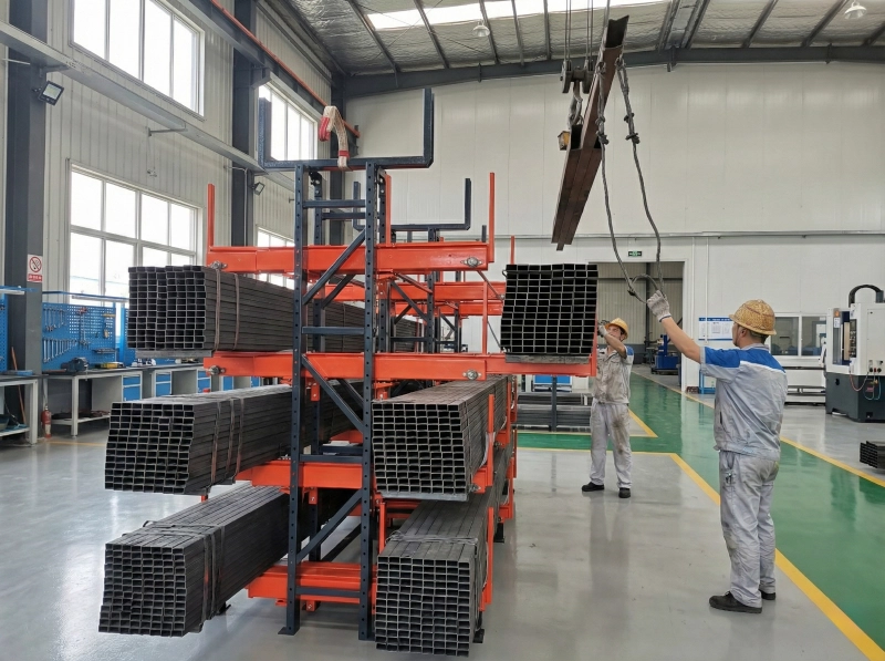 Factory-installed heavy-duty telescopic cantilever rack with blue uprights storing long steel sections