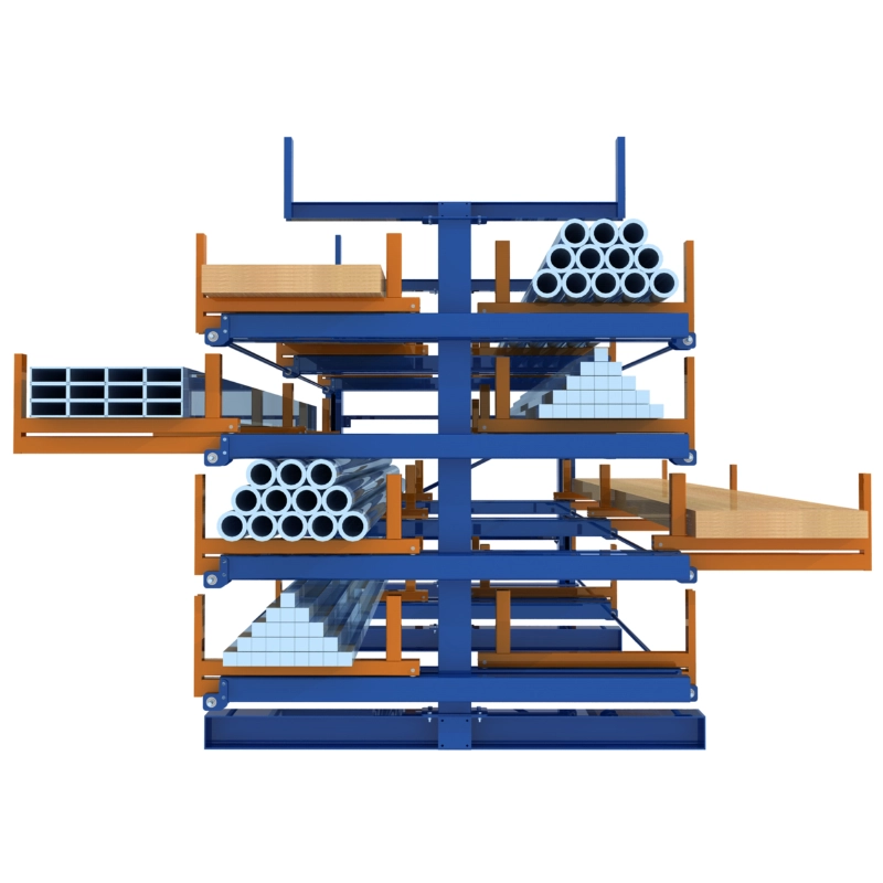 3D render of telescopic cantilever rack storing steel plate, profiles, and tubes in tiers
