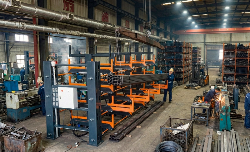 Industrial workshop assembling a telescopic cantilever rack with overhead crane handling for long plate storage