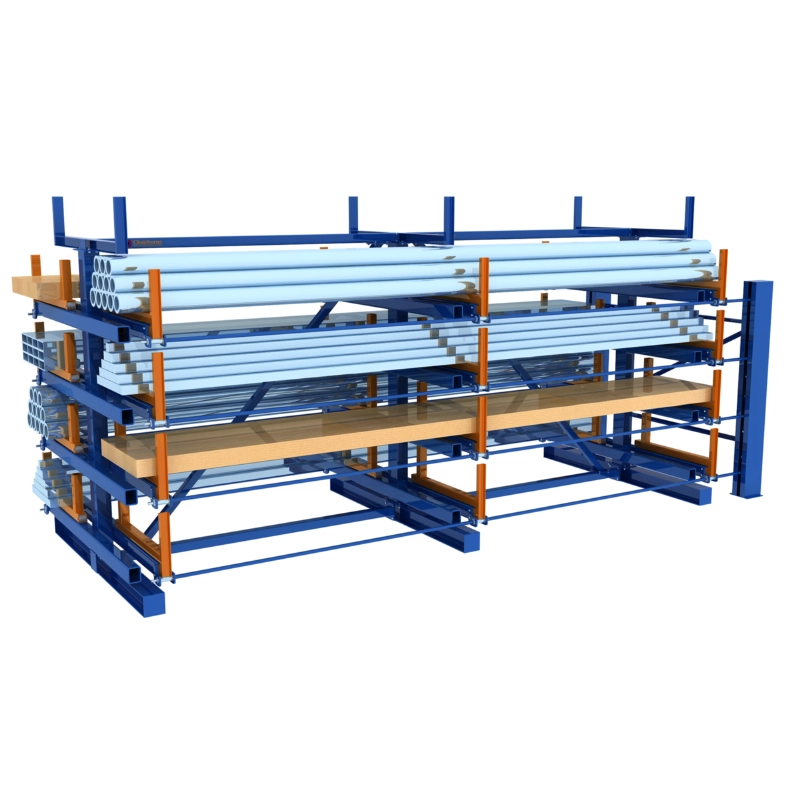 3D render of a telescopic cantilever rack storing long plates and tubes on retractable drawer tiers