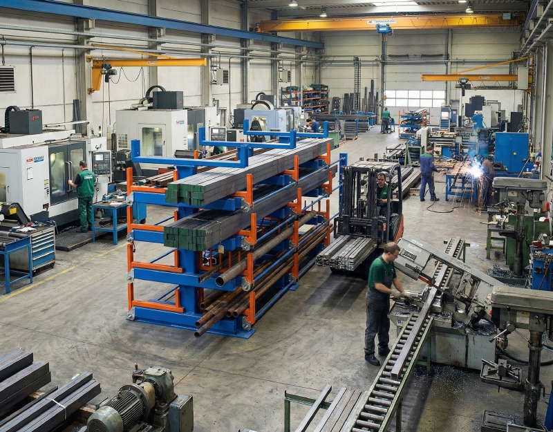 Factory workshop with multi-tier telescopic cantilever rack storing long steel bars beside machining stations
