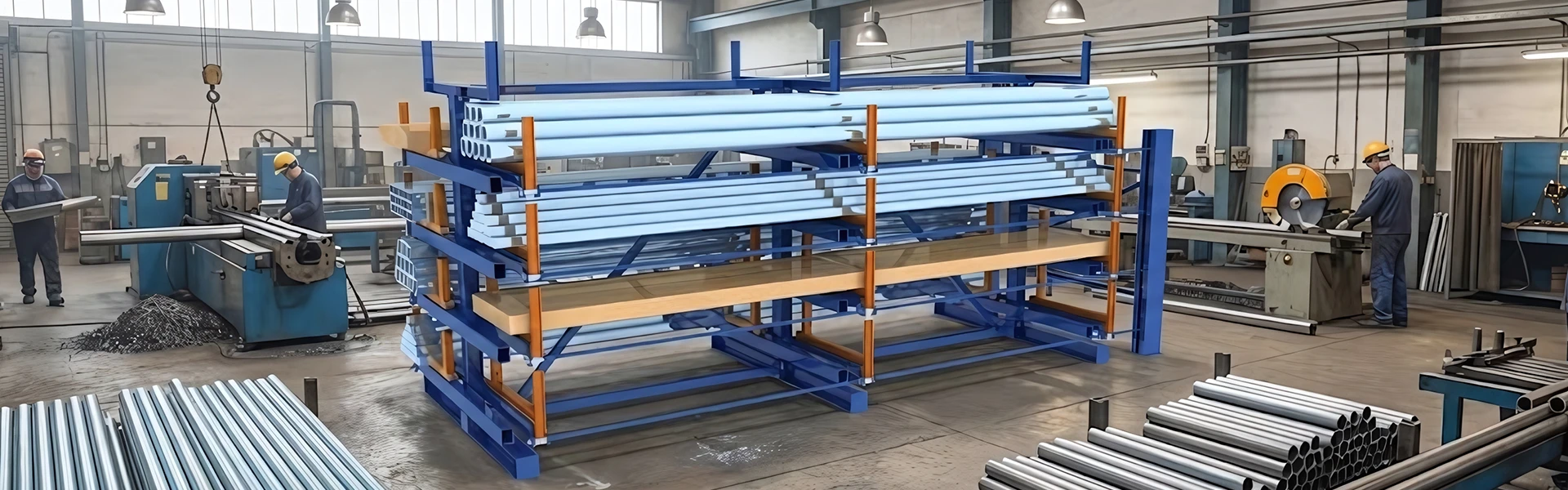 3D render of a heavy-duty telescopic cantilever rack storing batch steel pipes and sections in tiers