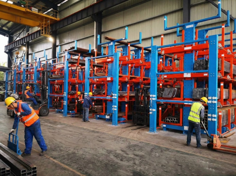 Heavy multi-tier cantilever rack with red extendable arms and forklift access for long pipe storage