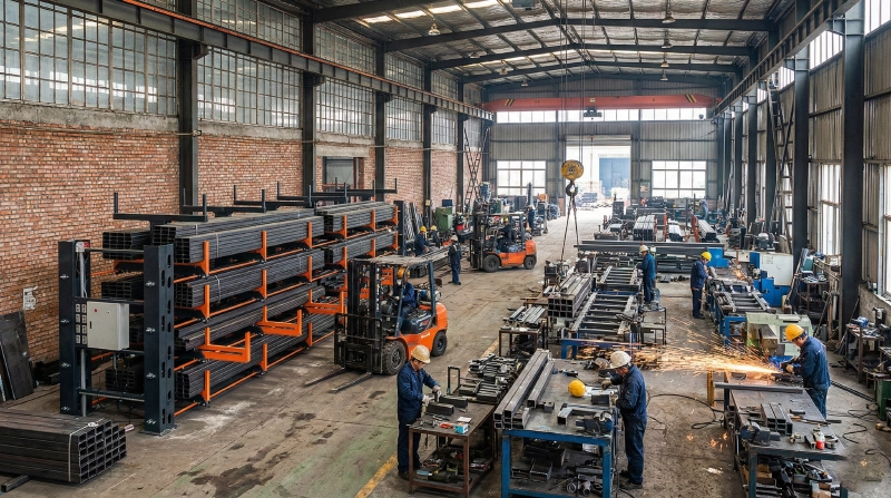 Heavy-duty steel cantilever rack fabrication with welding, forklift handling, and bolted frame assembly