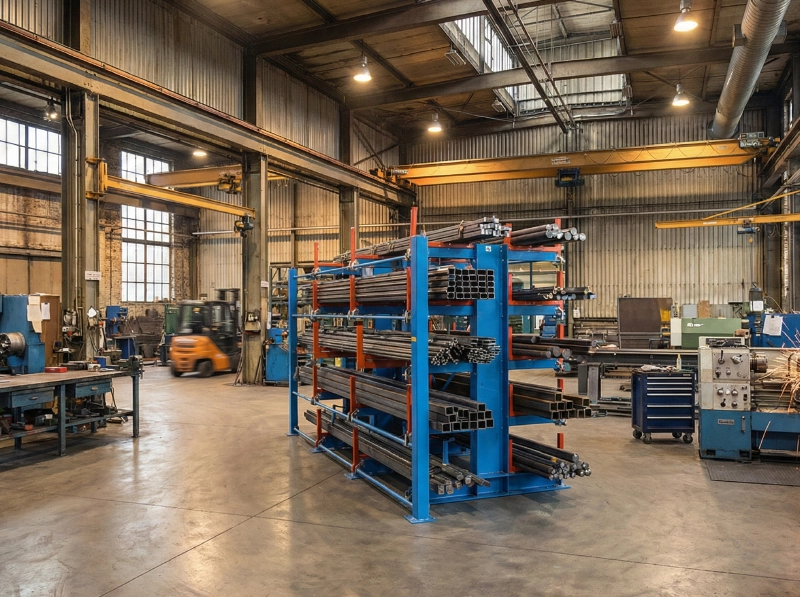 Single-sided telescopic cantilever rack storing long steel tubes with side-loader access in a workshop
