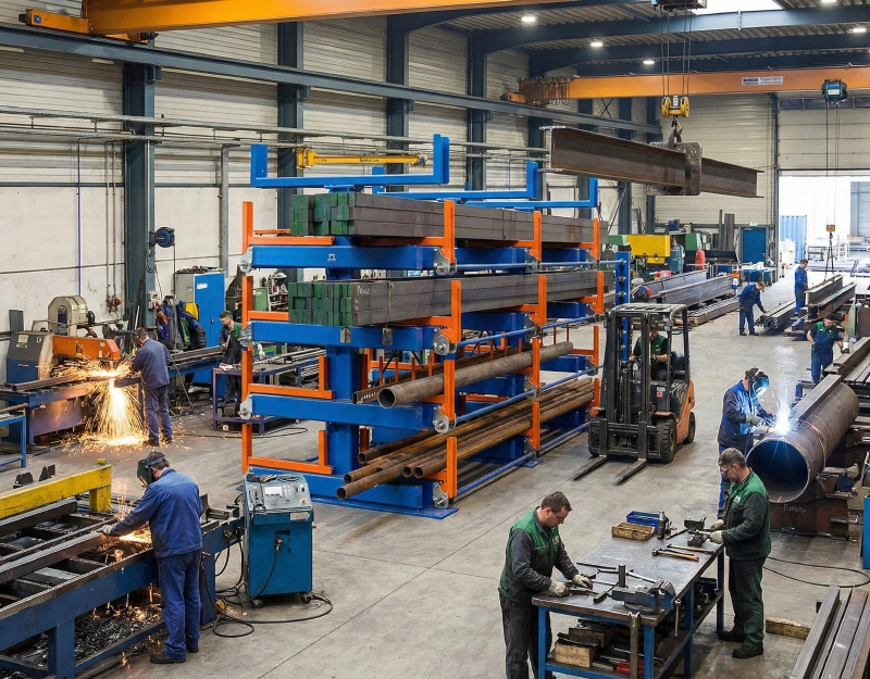Heavy-duty telescopic cantilever rack storing long steel profiles in a fabrication workshop