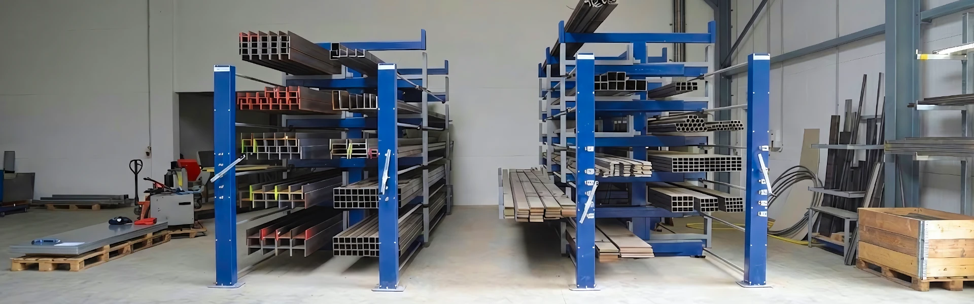 Warehouse photo of blue telescopic cantilever racks storing long steel tubes and profiles on padded arms