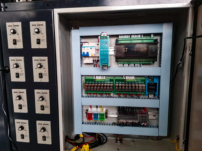 Industrial electrical control cabinet with PLC, breakers, relays, and door-mounted speed controllers