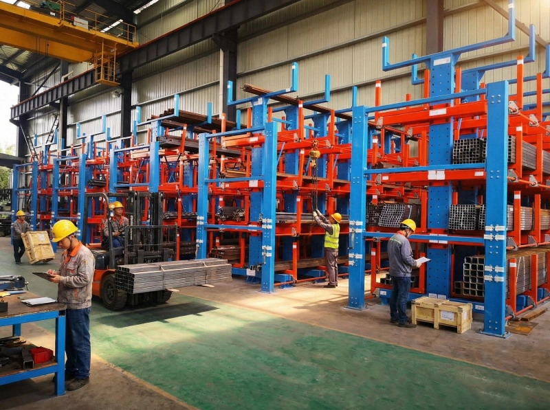 Factory-installed telescopic cantilever rack system with blue uprights and red steel arms for long pipe storage
