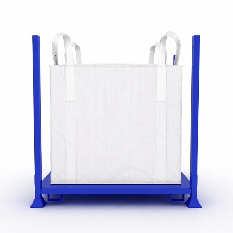 Blue steel demountable post pallet loaded with a white FIBC bulk bag on white background.
