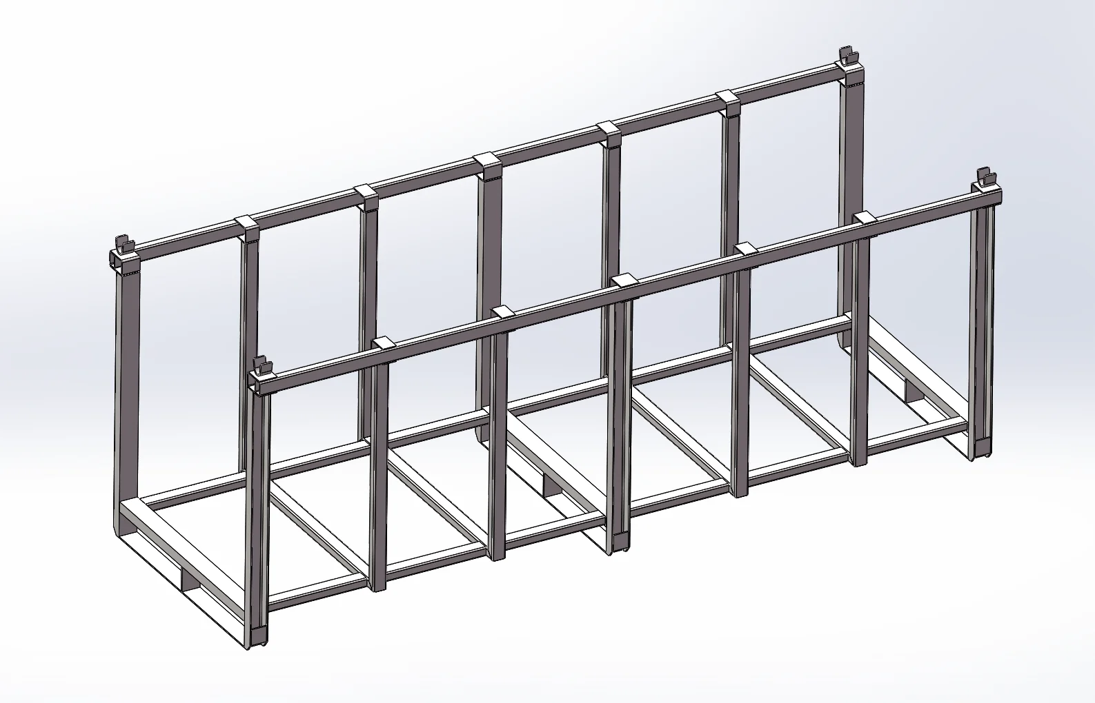 3D render of a stackable steel pallet rack with welded tube frame and locator clips
