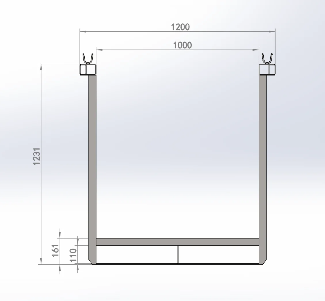 Dimensioned engineering drawing of a steel derack frame with top hooks, base brace, and load-width measurements