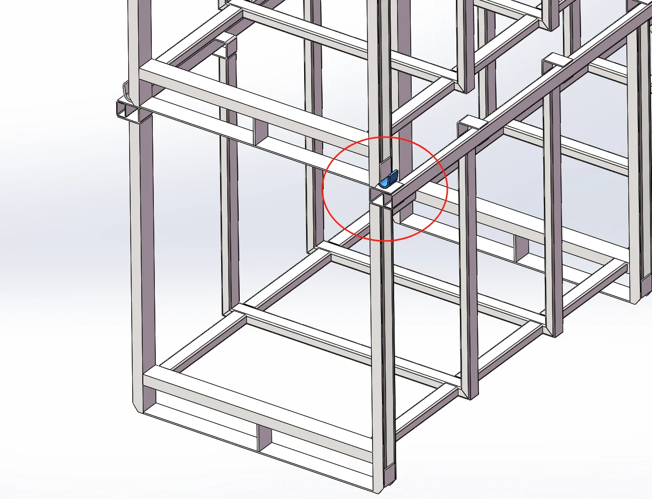 3D render of modular steel stack rack frame with square-tube beam-to-post locking detail