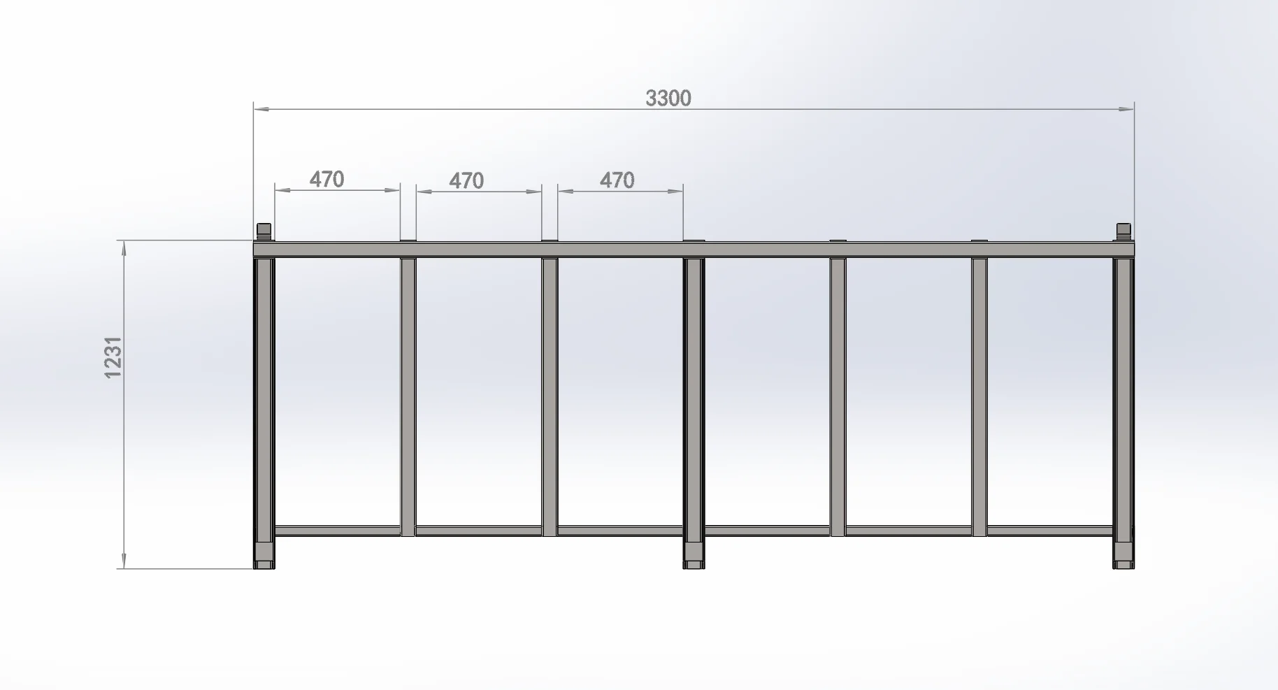 Front elevation engineering drawing of a steel pallet rack frame with 3300 mm span and 1231 mm height