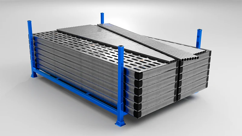 Forklift handling a blue stackable storage rack in a factory