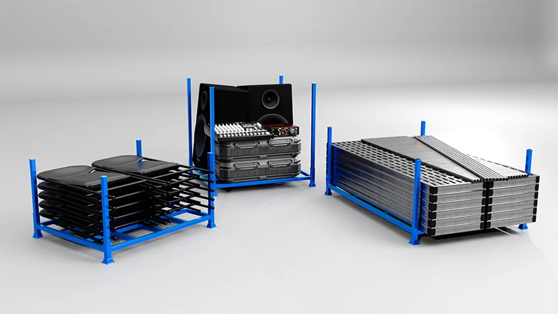 Front view of a blue empty storage rack