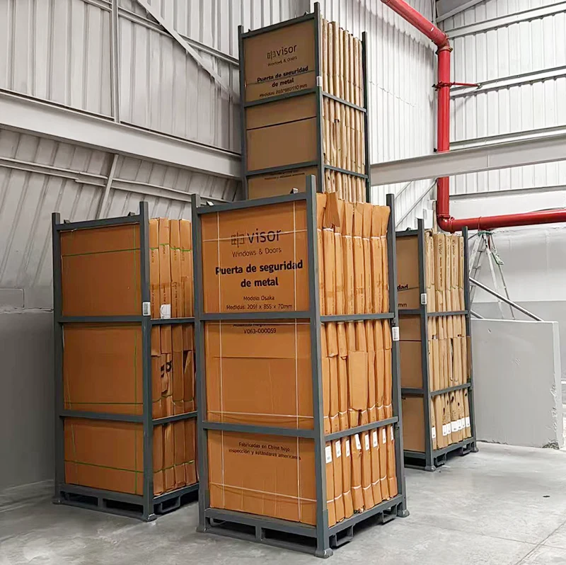 Steel storage rack with side panels holding boxed materials