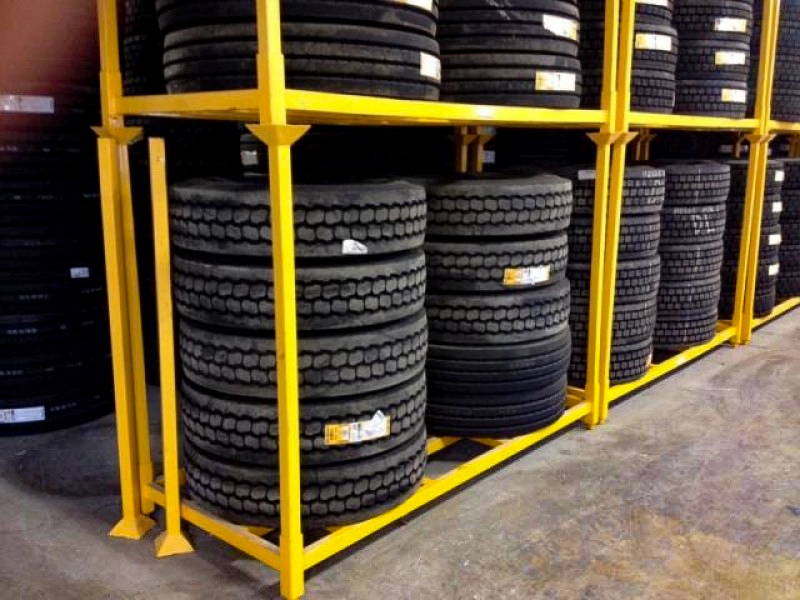Blue storage rack supporting long materials
