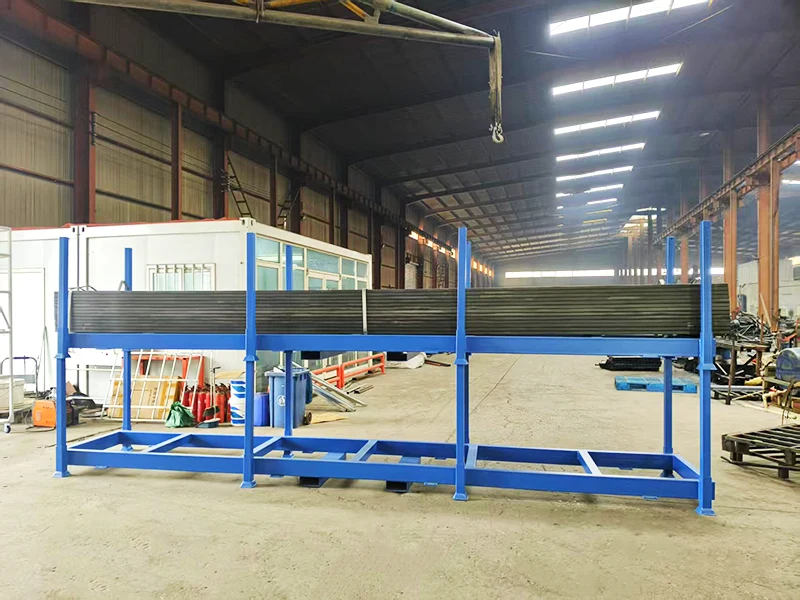 Blue storage rack holding long materials in a workshop