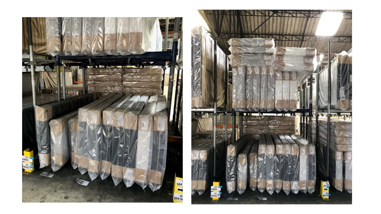 Bundle of blue stacking rack bases wrapped for shipment in a factory