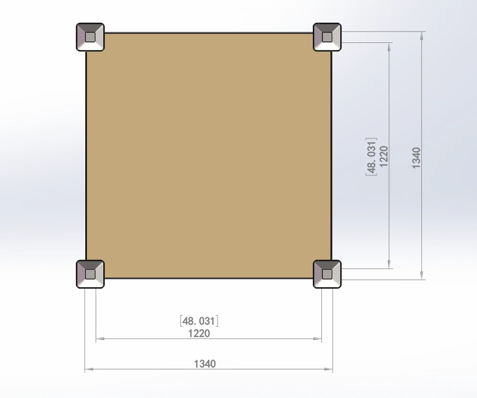 Top plan view of pallet stillage showing 1,220 by 1,220 millimetre deck