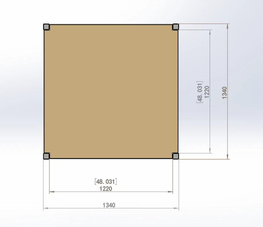 Dimensioned CAD drawing of pallet stillage with 20 mm plywood deck and tube specs