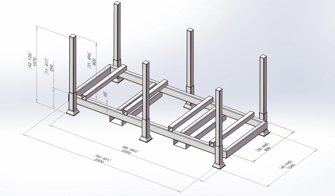 Orange portable stack racks assembled in the welding workshop before surface treatment