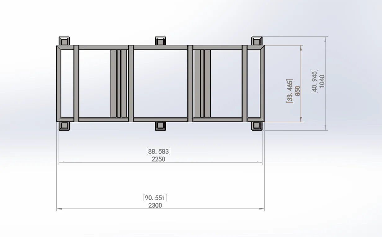 Isometric CAD drawing of a single portable stack rack with overall dimensions