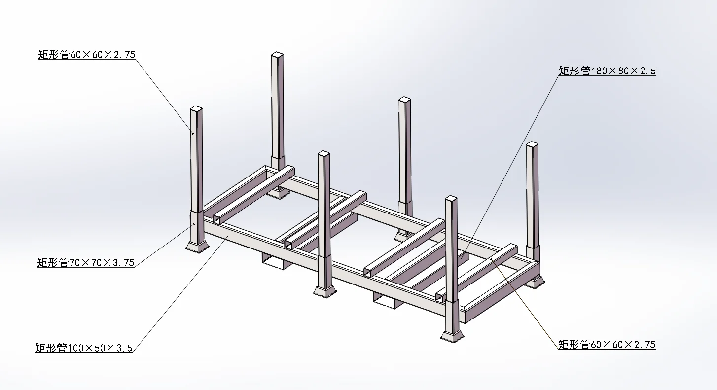 Exploded isometric view of portable stack rack with rectangular steel tube callouts
