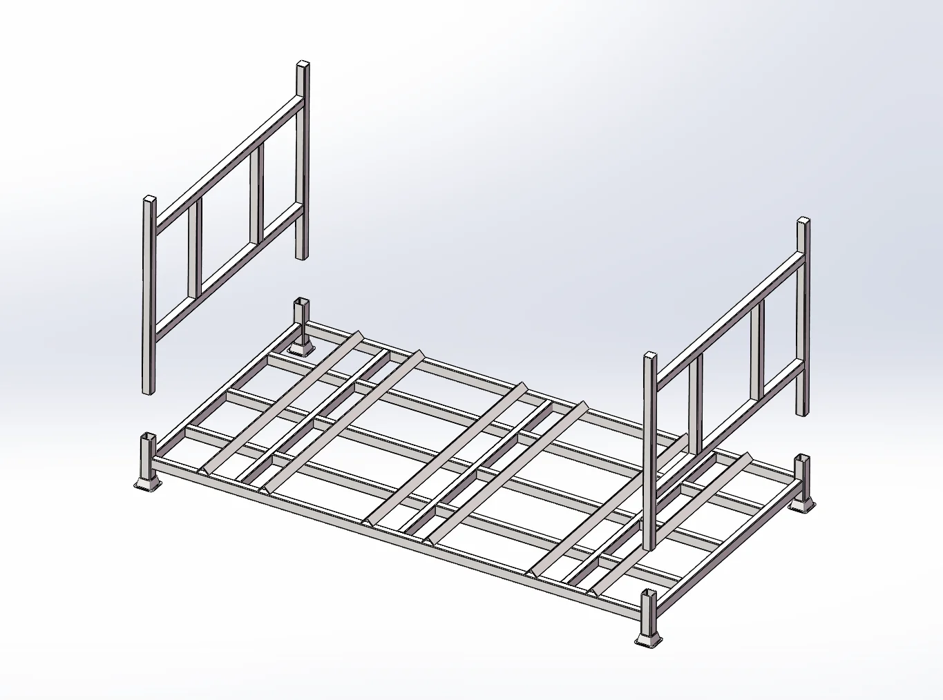 Three post pallet stacking racks nested and stacked five high in a storage yard