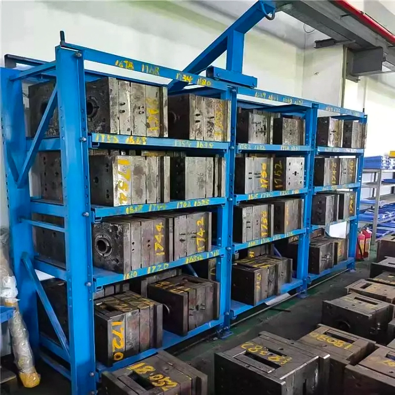 Blue mold rack fully loaded with injection molds