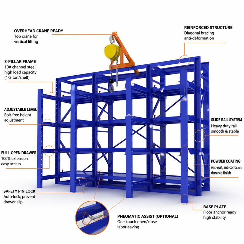 Blue three-post mold rack render with overhead crane, adjustable levels, and full-extension drawers